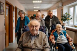 Caregiver reviews a personalized support plan with an older resident at a dining table.